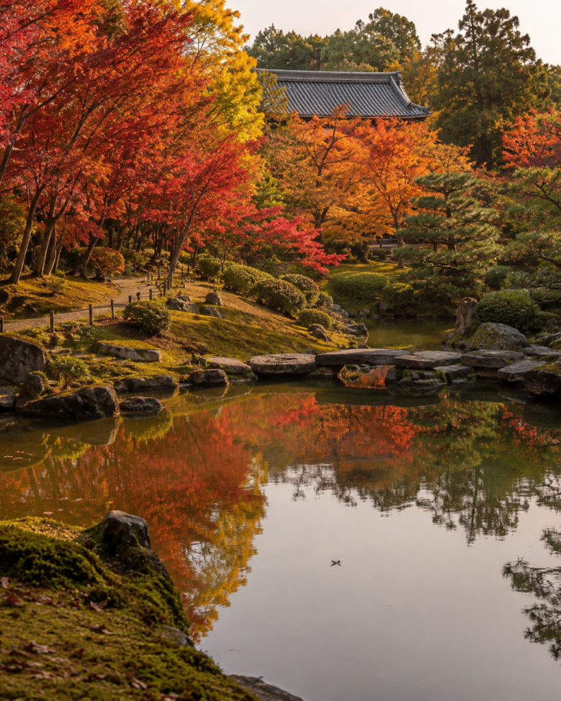 依水園の池と紅葉をイメージした静かな日本庭園の風景
