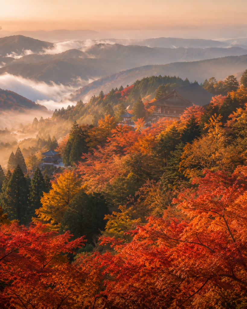 吉野山の山並みと紅葉をイメージした奈良の秋景色